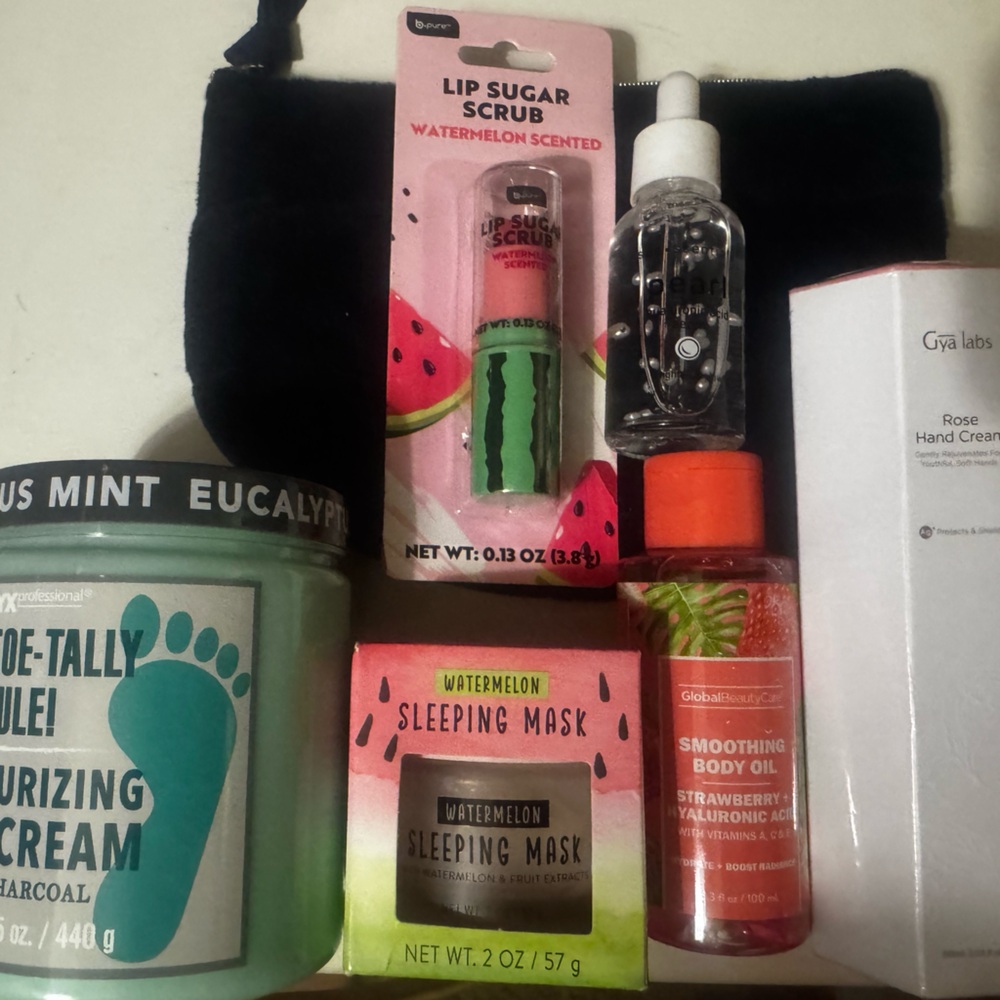 NIB Mint Eucalyptus Foot Cream and Watermelon Lip Scrub Set, rose hand lotion.